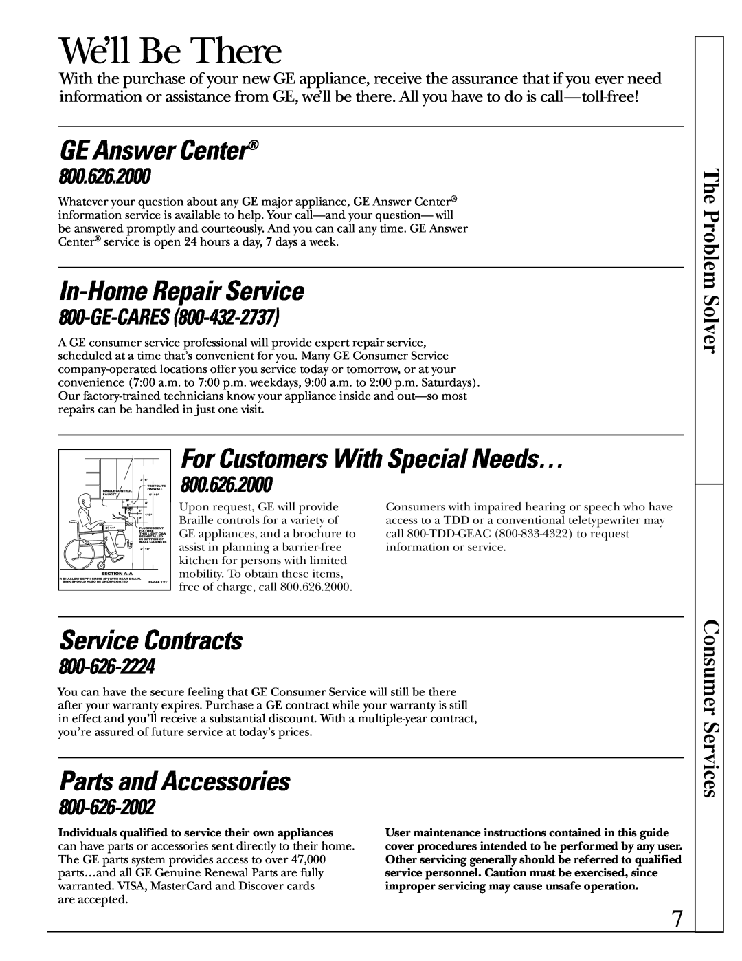 GE JV395 The Problem Solver, We’ll Be There, GE Answer Center, In-Home Repair Service, For Customers With Special Needs… 