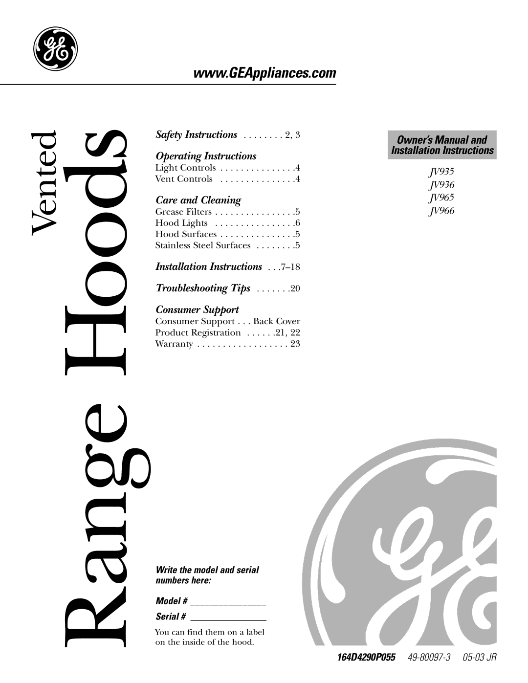 GE JV936, JV965, JV966 installation instructions Range Hoods 