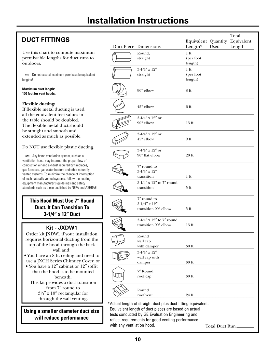 GE JV936, JV965, JV966 installation instructions Will reduce performance, Flexible ducting 