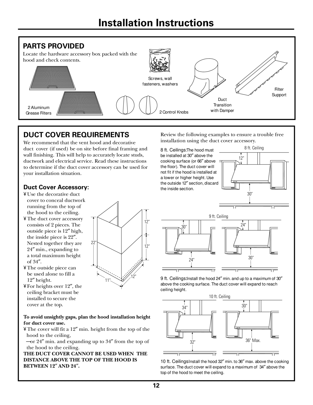 GE JV965, JV936, JV966 installation instructions Parts Provided, Duct Cover Requirements, Duct Cover Accessory 