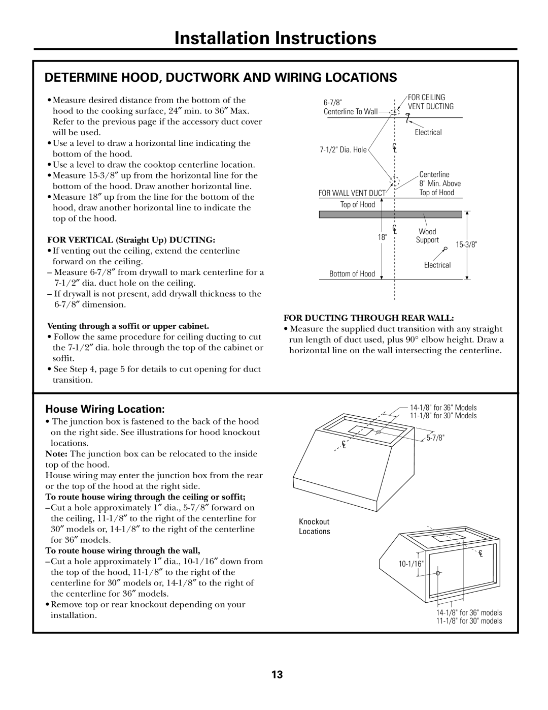 GE JV936, JV965, JV966 installation instructions Determine HOOD, Ductwork and Wiring Locations, House Wiring Location 