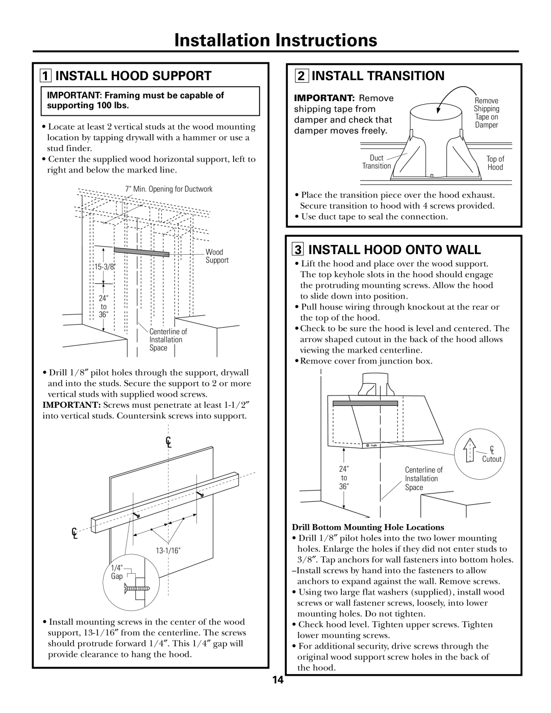 GE JV966, JV965 Install Hood Support, Install Transition, Install Hood Onto Wall, Drill Bottom Mounting Hole Locations 