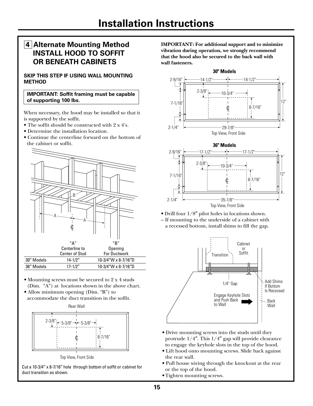 GE JV965, JV936, JV966 installation instructions Alternate Mounting Method 