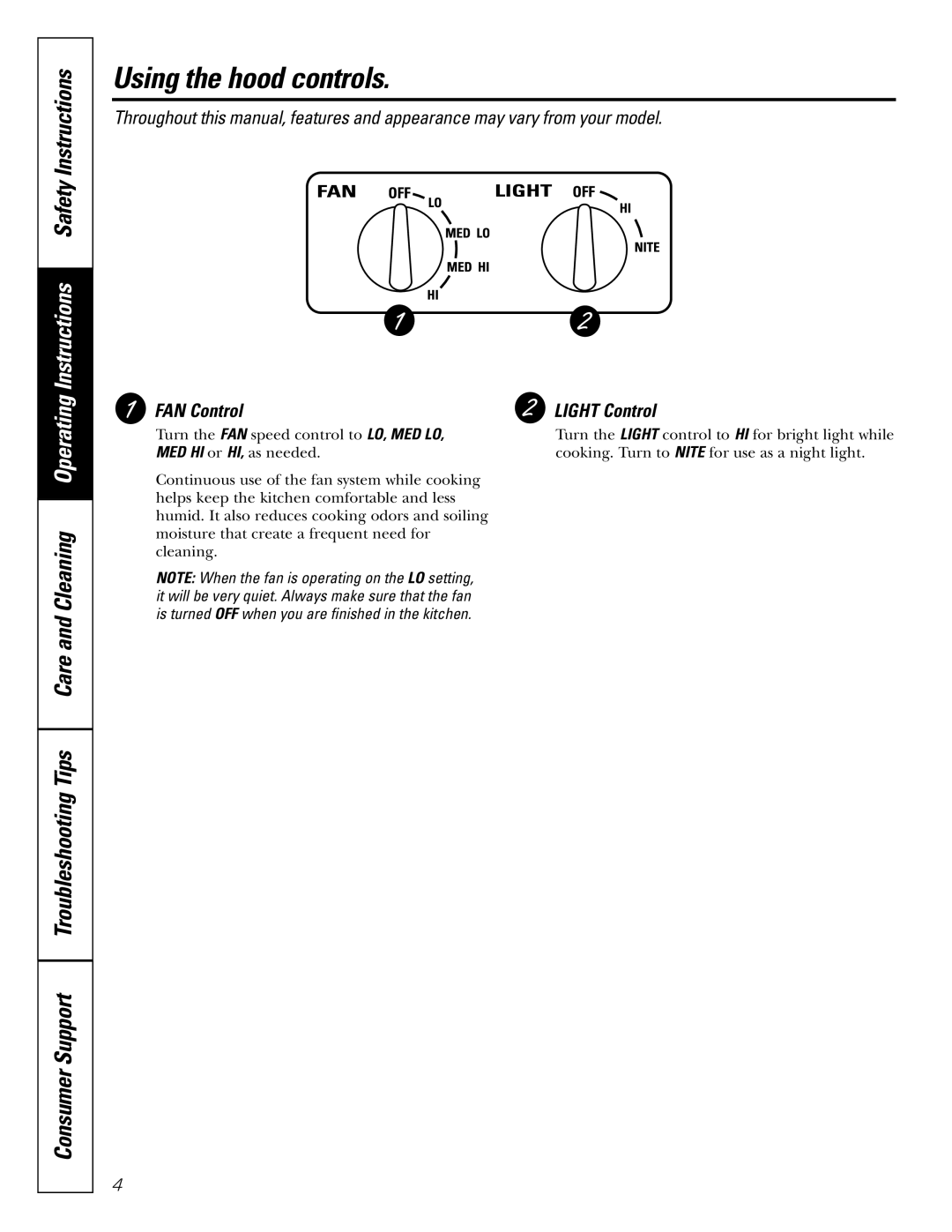 GE JV936, JV965, JV966 installation instructions Using the hood controls, FAN Control, Light Control 