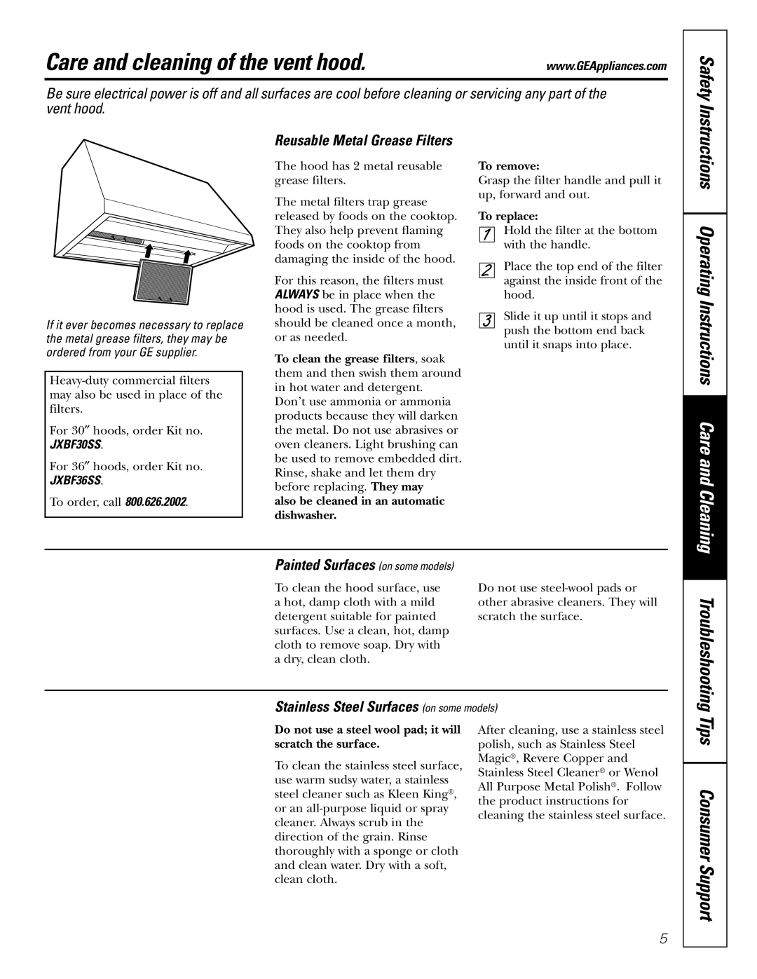 GE JV966 Care and cleaning of the vent hood, Painted Surfaces on some models, Stainless Steel Surfaces on some models 