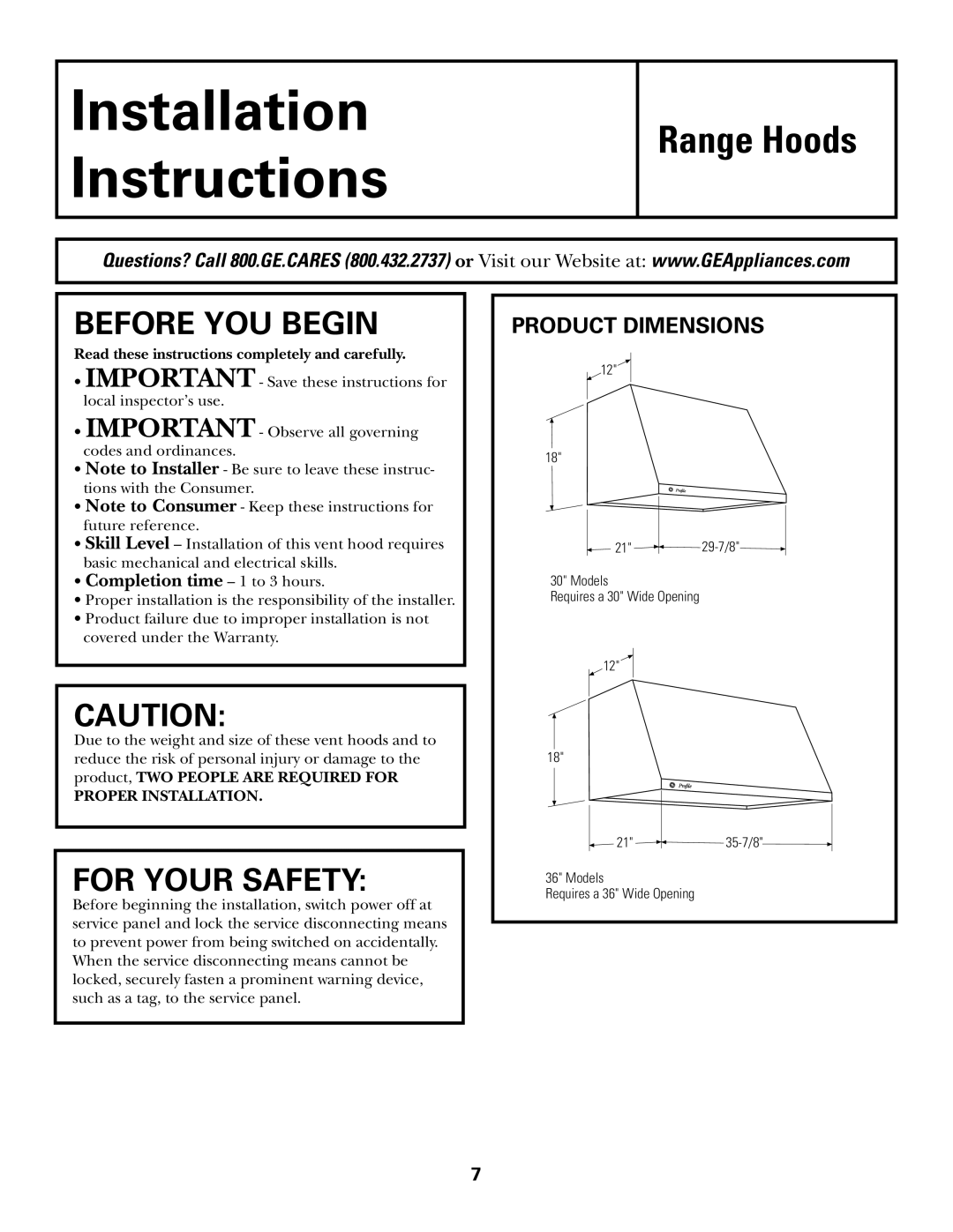 GE JV936, JV965, JV966 installation instructions Product Dimensions, Read these instructions completely and carefully 