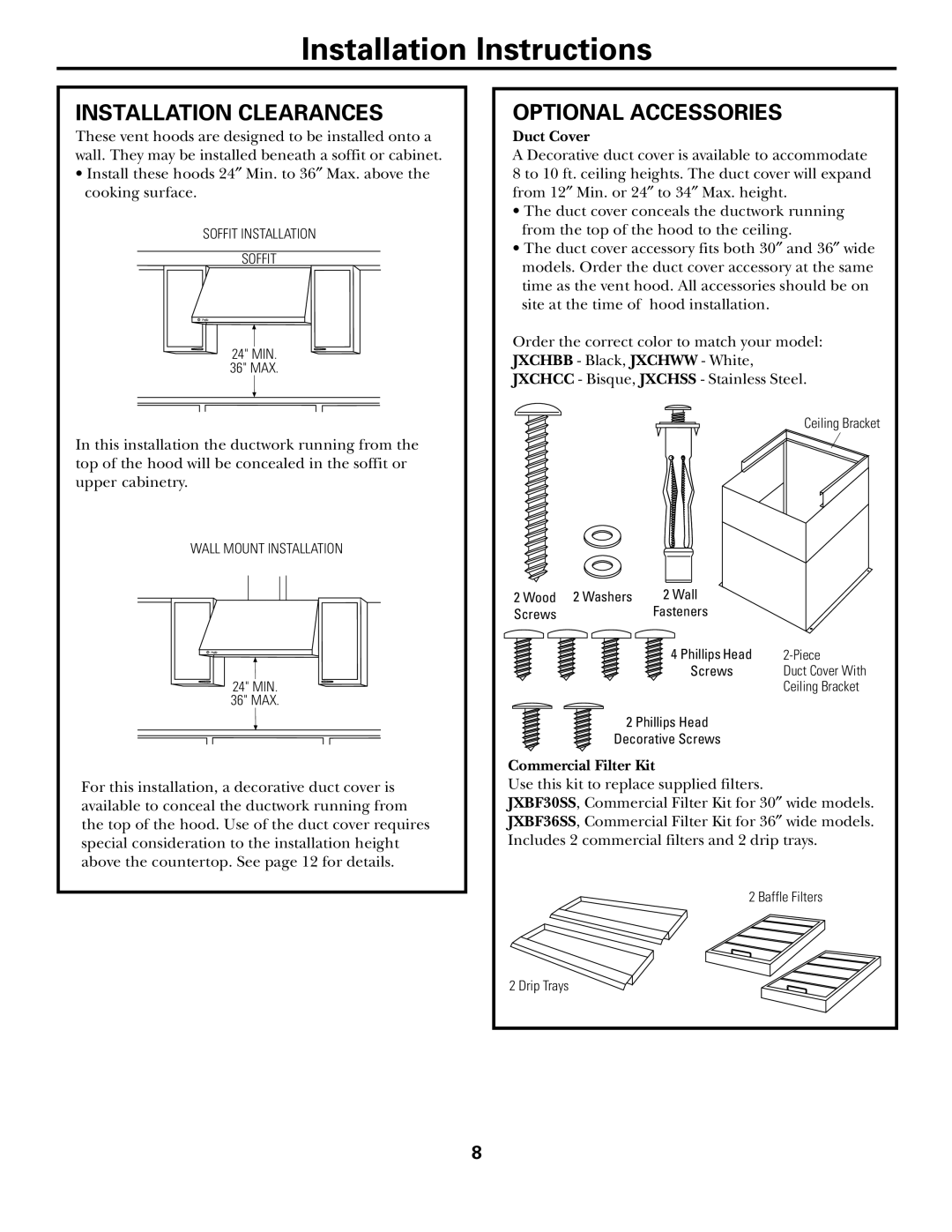 GE JV966, JV965, JV936 Installation Clearances, Optional Accessories, Duct Cover, Commercial Filter Kit 