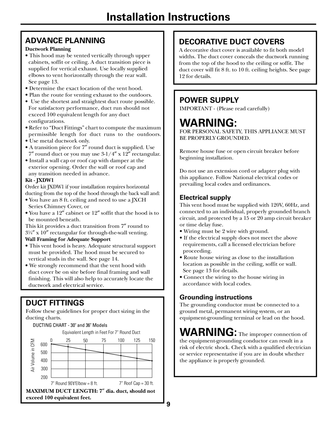 GE JV965, JV936, JV966 installation instructions Advance Planning, Duct Fittings, Decorative Duct Covers, Power Supply 
