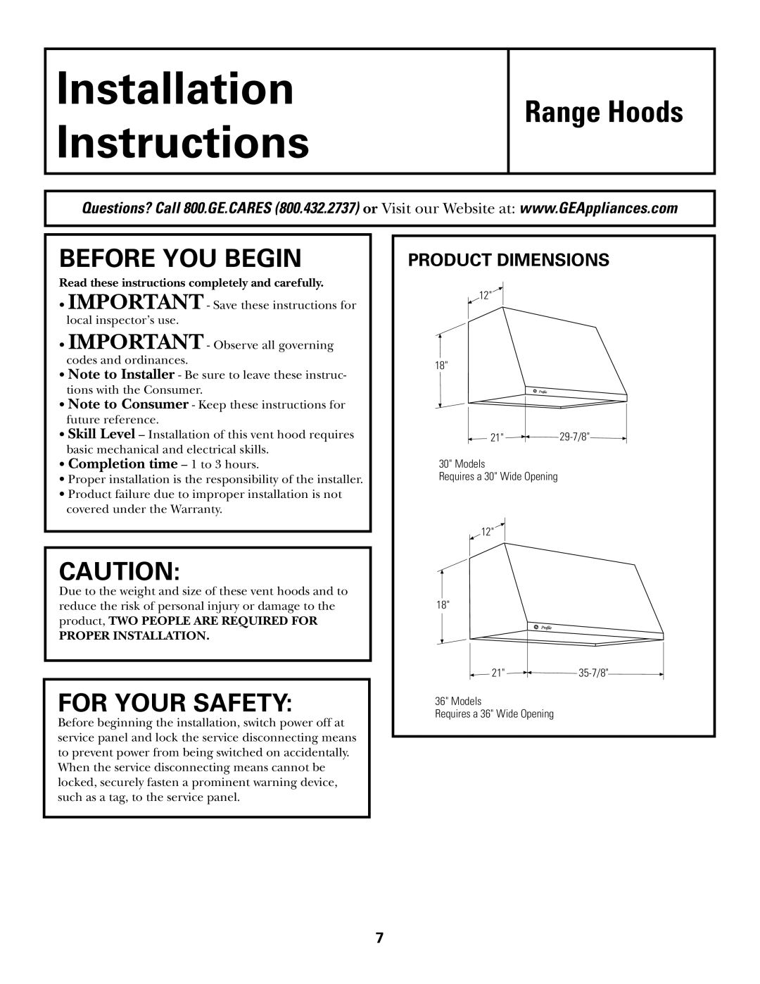 GE JV936, JV965, JV966 Before You Begin, For Your Safety, Product Dimensions, Installation Instructions, Range Hoods 