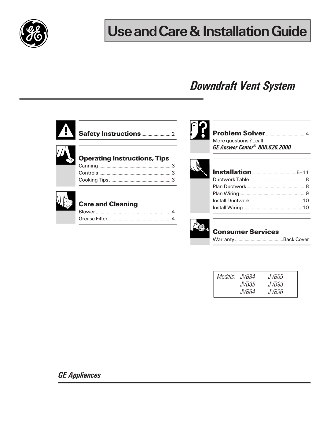 GE JVB64, JVB34, JVB35, JVB96 operating instructions Operating Instructions, Tips, Care and Cleaning, Consumer Services 