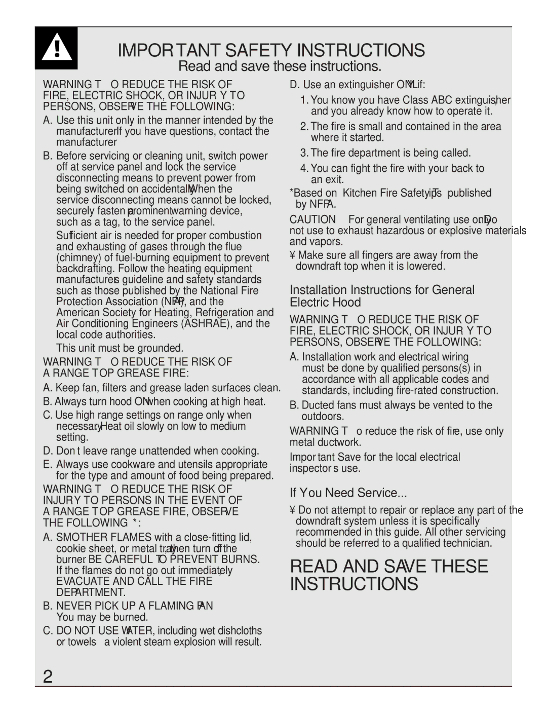 GE JVB35, JVB34 Important Safety Instructions, Installation Instructions for General Electric Hood, If You Need Service 