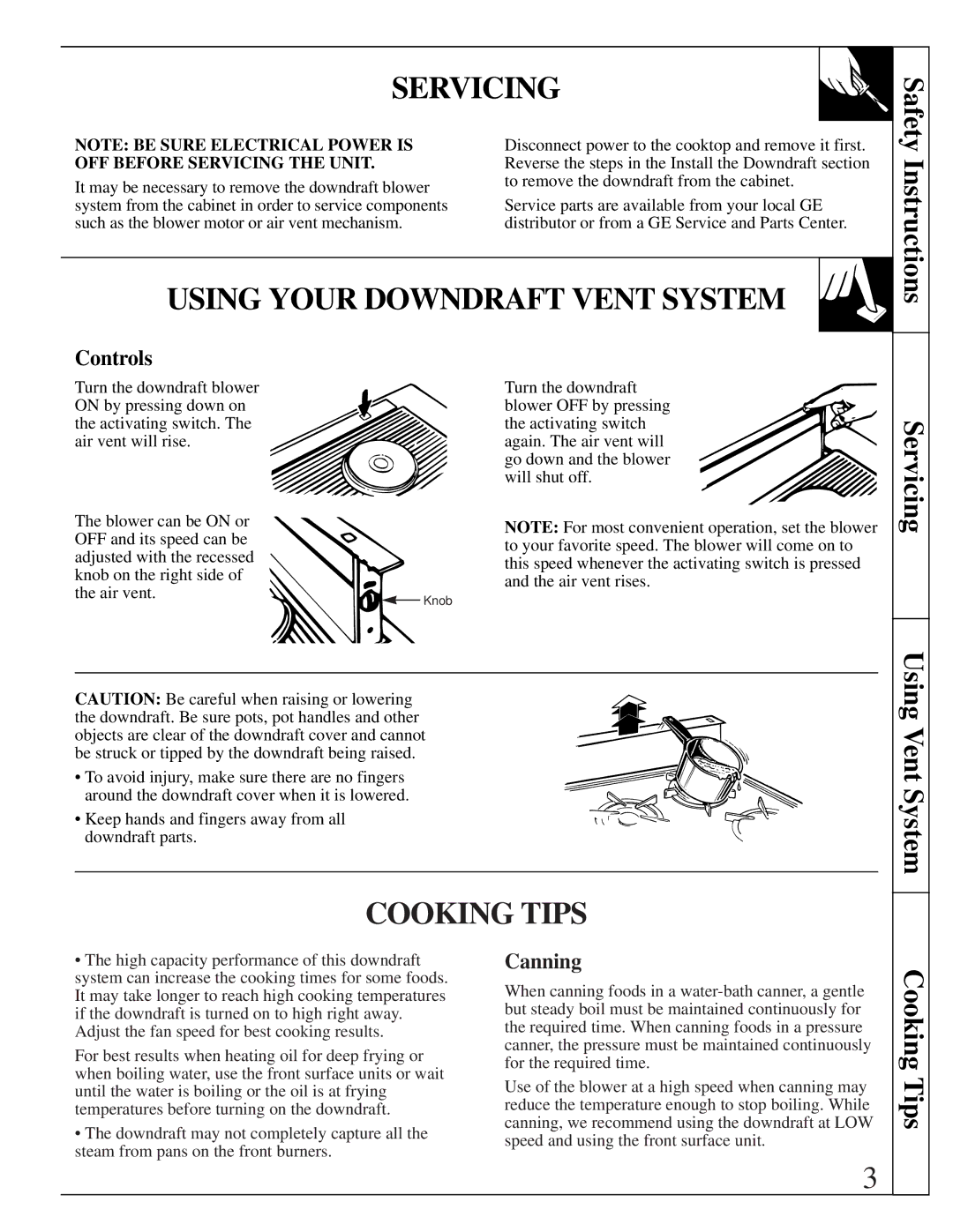 GE JVB96, JVB34, JVB64, JVB35, JVB65 Servicing, Using Your Downdraft Vent System, Cooking Tips, Controls, Canning 