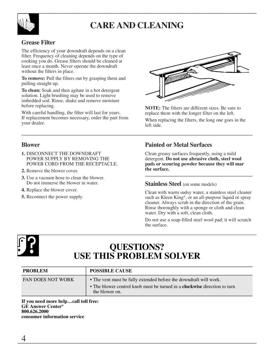 GE JVB65, JVB34, JVB64, JVB35, JVB96 operating instructions Care and Cleaning, QUESTIONS? USE this Problem Solver 