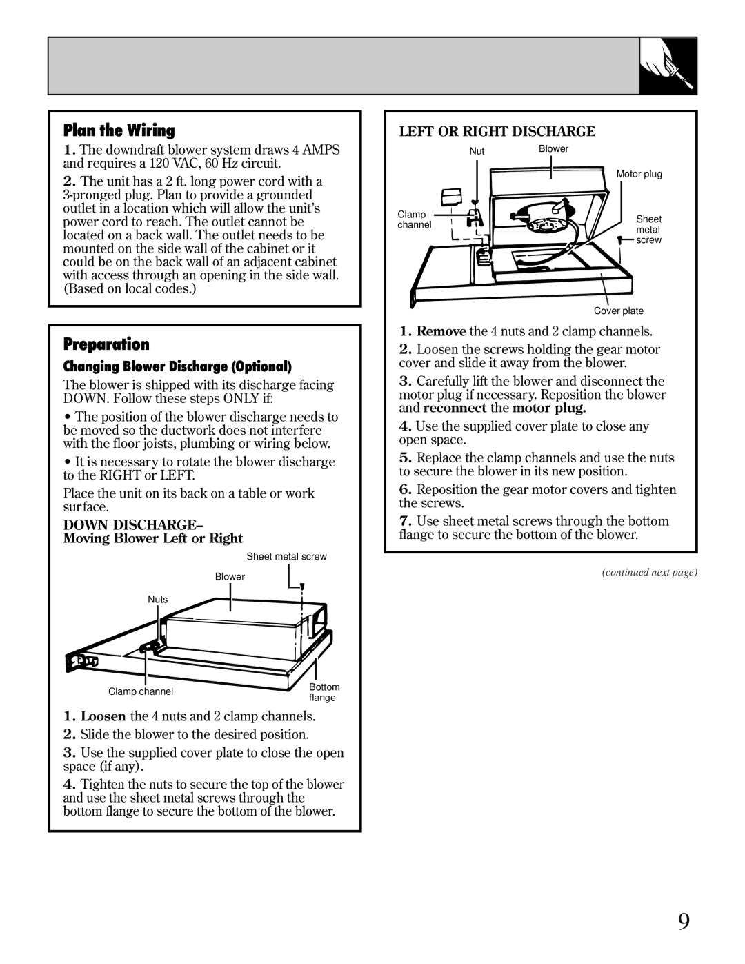 GE JVB65, JVB34 Plan the Wiring, Preparation, Changing Blower Discharge Optional, Down Discharge, Left or Right Discharge 