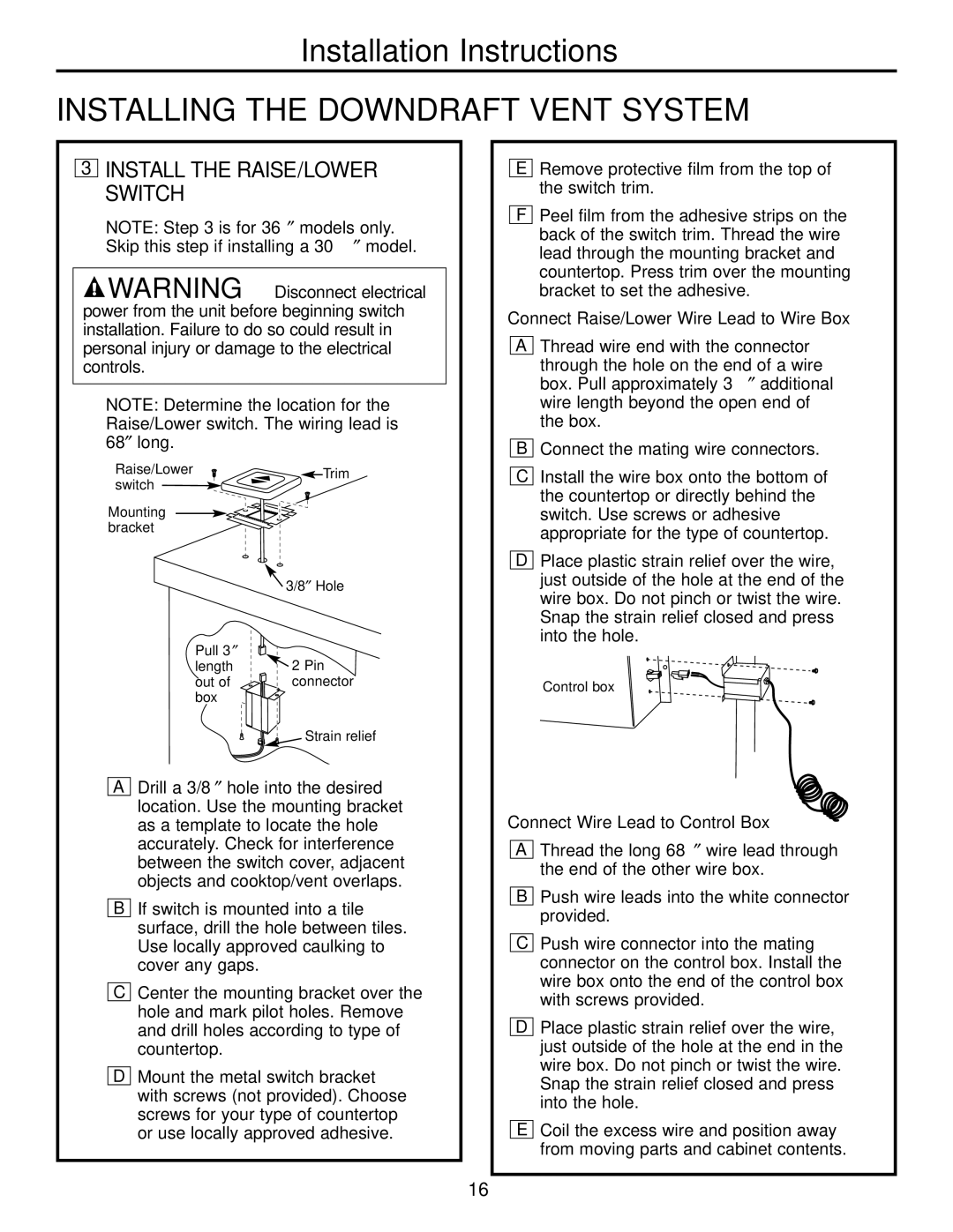 GE JVB67 Install the RAISE/LOWER Switch, Connect Raise/Lower Wire Lead to Wire Box, Connect Wire Lead to Control Box 