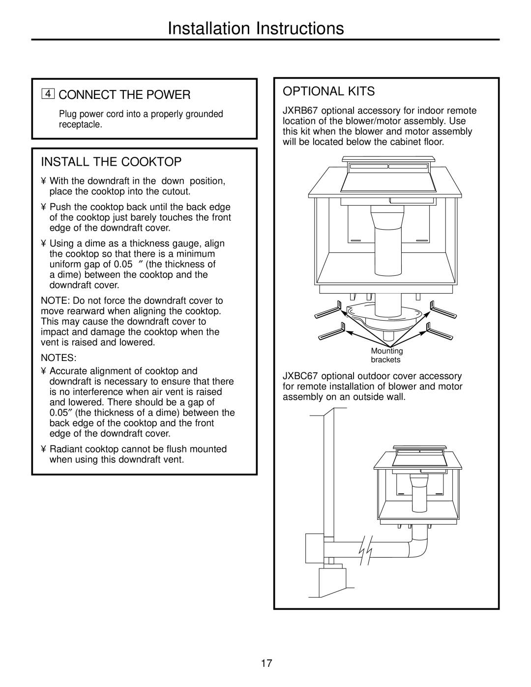 GE JVB37, JVB67, JVB98, JVB94 owner manual Connect the Power, Install the Cooktop, Optional Kits 