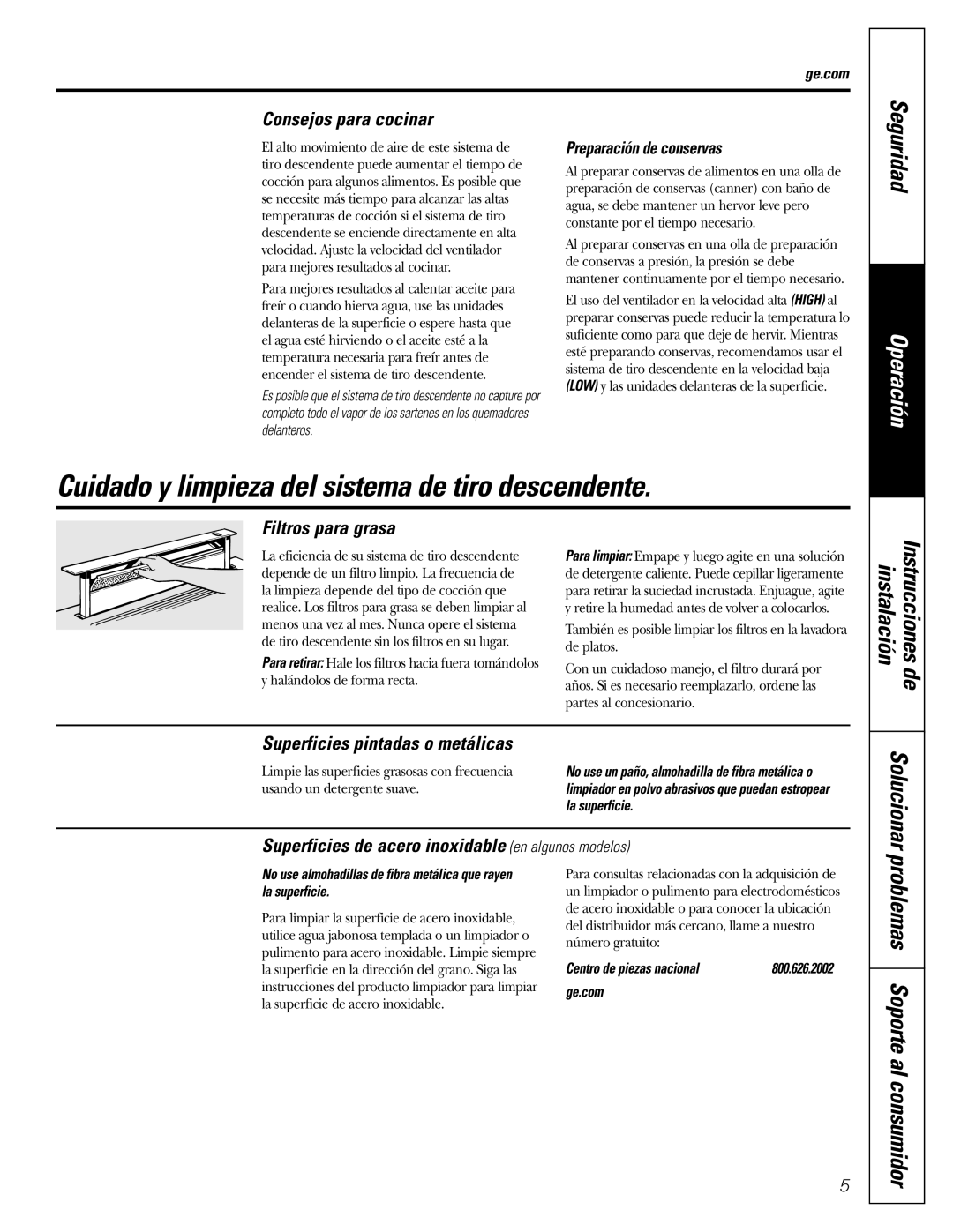 GE JVB37, JVB67, JVB98, JVB94 owner manual Cuidado y limpieza del sistema de tiro descendente 