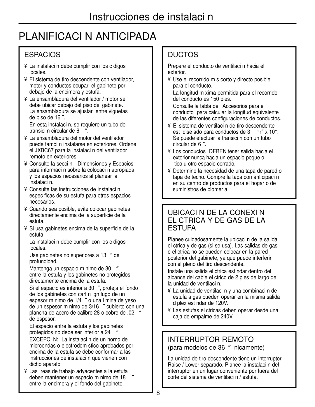 GE JVB67, JVB37, JVB98, JVB94 Espacios, Ductos, Ubicación DE LA Conexión Eléctrica Y DE GAS DE LA Estufa, Interruptor Remoto 