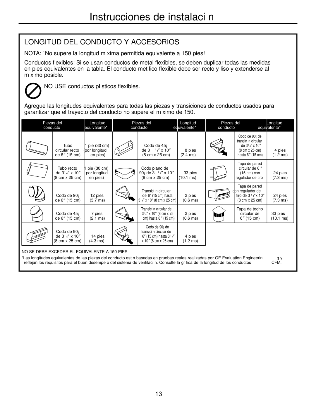 GE JVB37, JVB67, JVB98, JVB94 owner manual Longitud DEL Conducto Y Accesorios, No SE Debe Exceder EL Equivalente a 150 Pies 