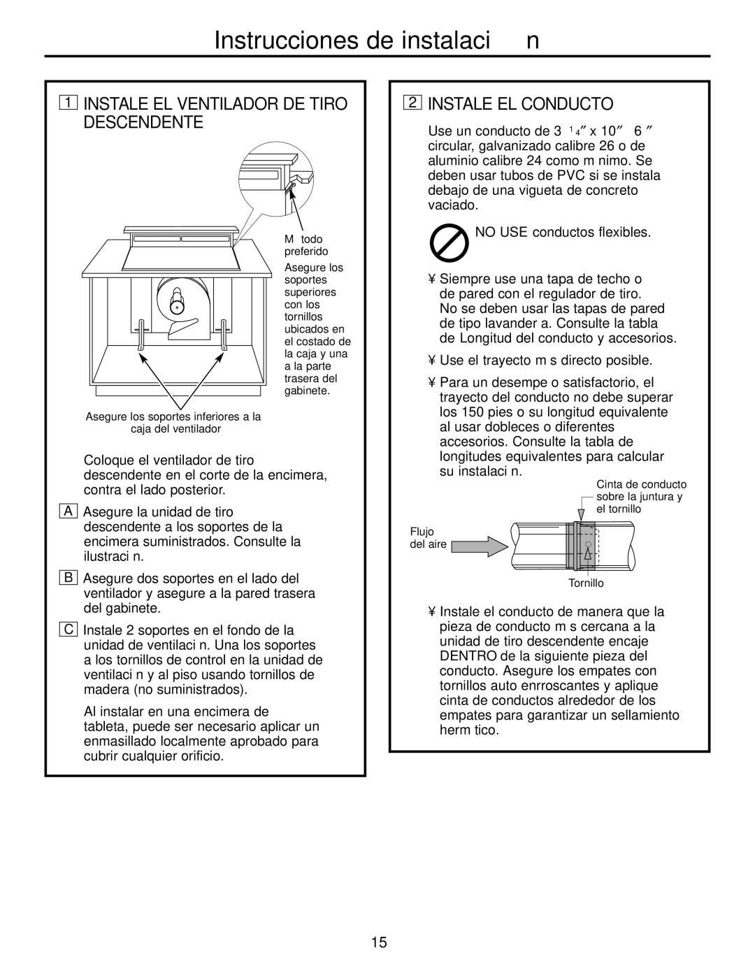 GE JVB94, JVB67, JVB37, JVB98 owner manual Instale EL Ventilador DE Tiro Descendente, Instale EL Conducto 