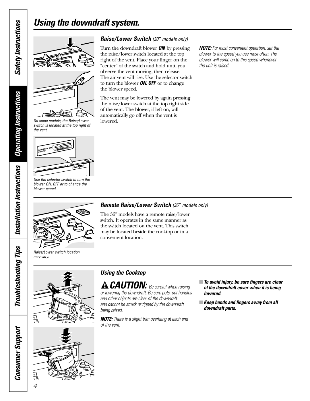 GE JVB67, JVB37, JVB98, JVB94 owner manual Using the downdraft system, Raise/Lower Switch 30 ″ models only, Using the Cooktop 