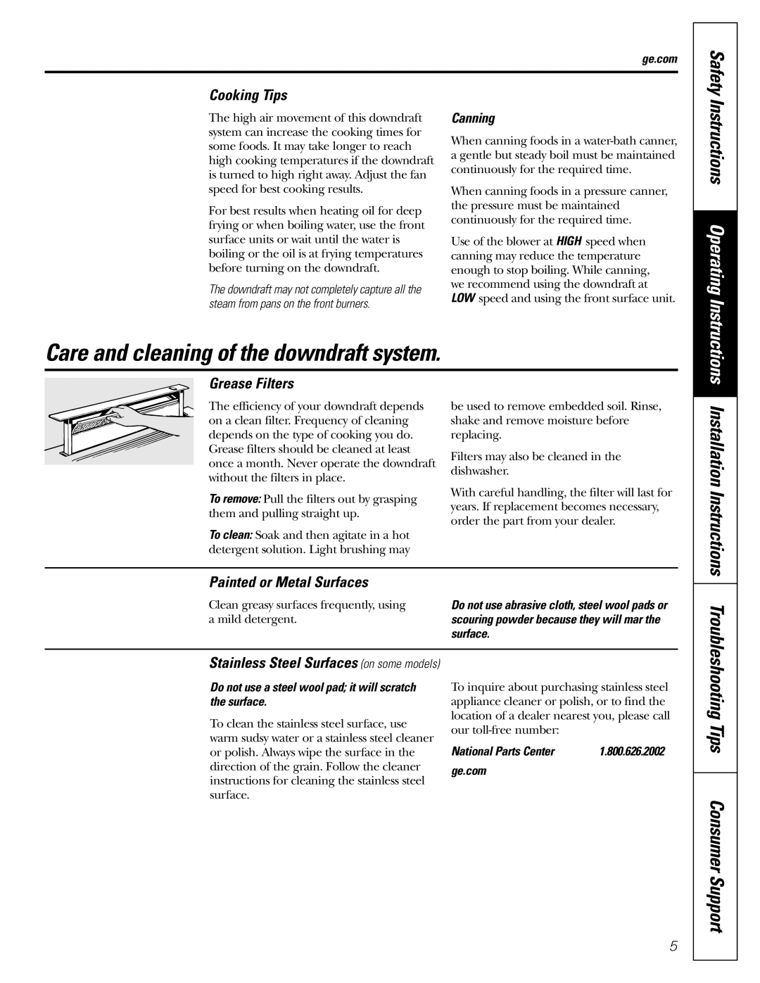 GE JVB37, JVB67, JVB98 Care and cleaning of the downdraft system, Cooking Tips, Grease Filters, Painted or Metal Surfaces 