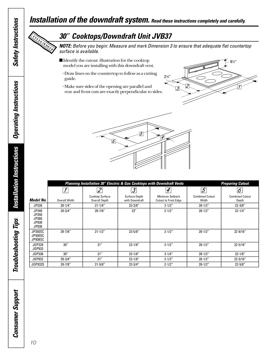 GE JVB67 owner manual 30″ Cooktops/Downdraft Unit JVB37 