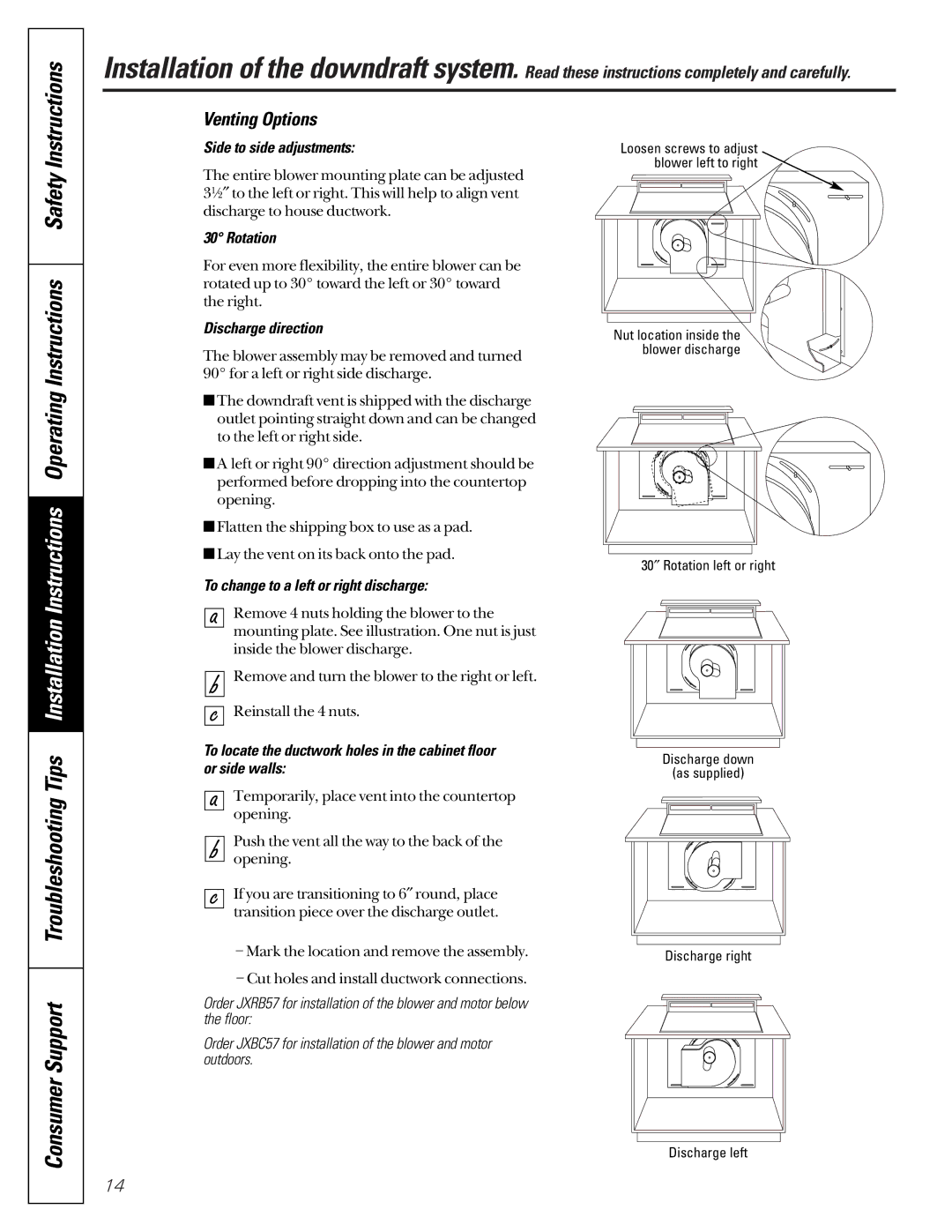 GE JVB67 Venting Options, Side to side adjustments, Rotation, Discharge direction, To change to a left or right discharge 