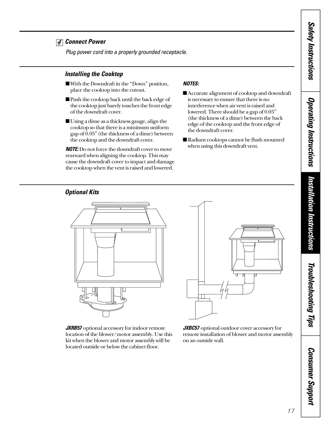 GE JVB37, JVB67 Operating Instructions, Connect Power, Installing the Cooktop, Optional Kits, Safety Instructions 