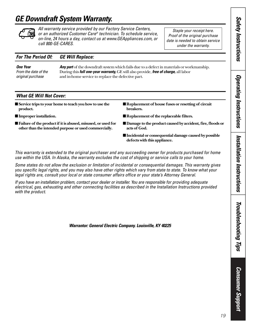 GE JVB37, JVB67 owner manual GE Downdraft System Warranty, For The Period GE Will Replace, What GE Will Not Cover, One Year 