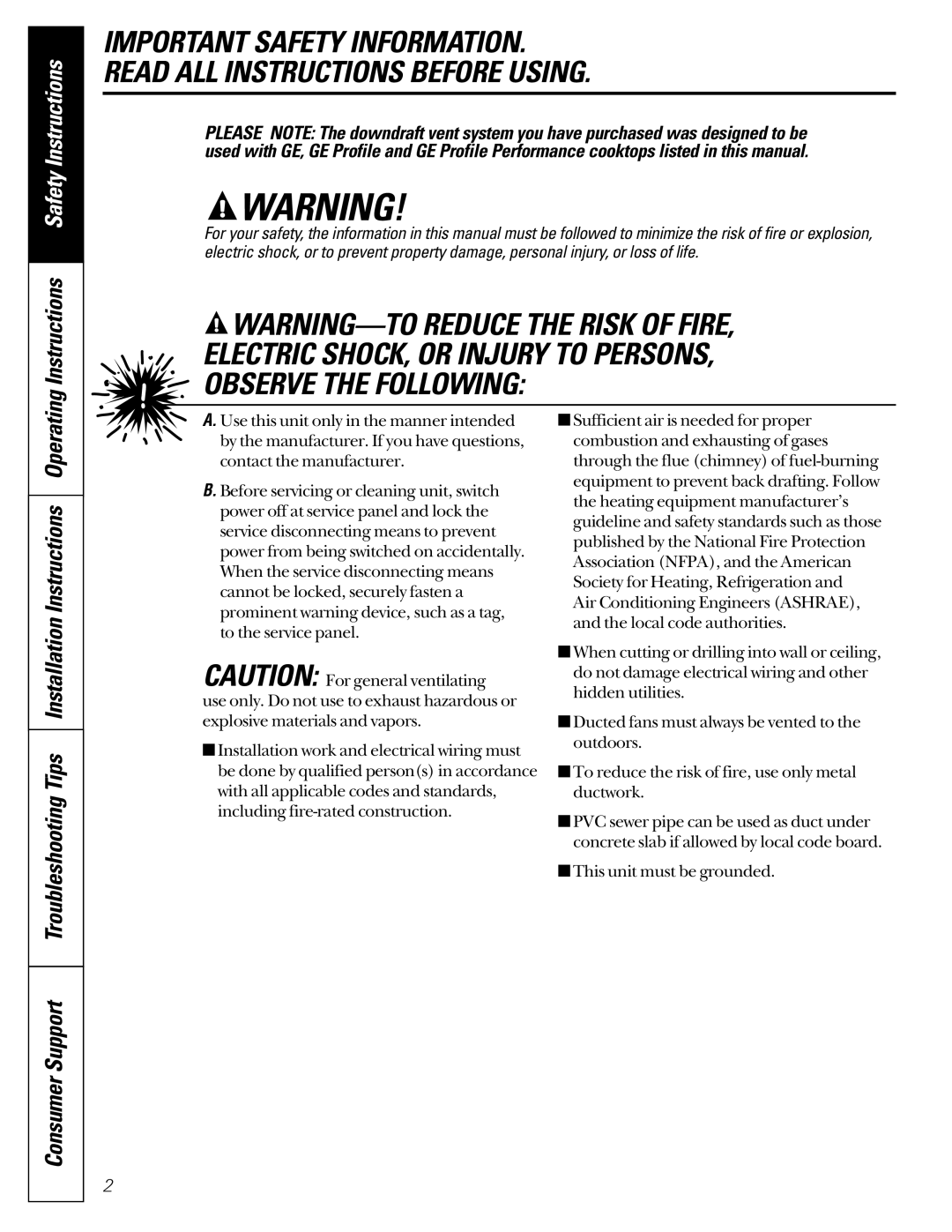 GE JVB67, JVB37 owner manual Electric SHOCK, or Injury to Persons Observe the Following 