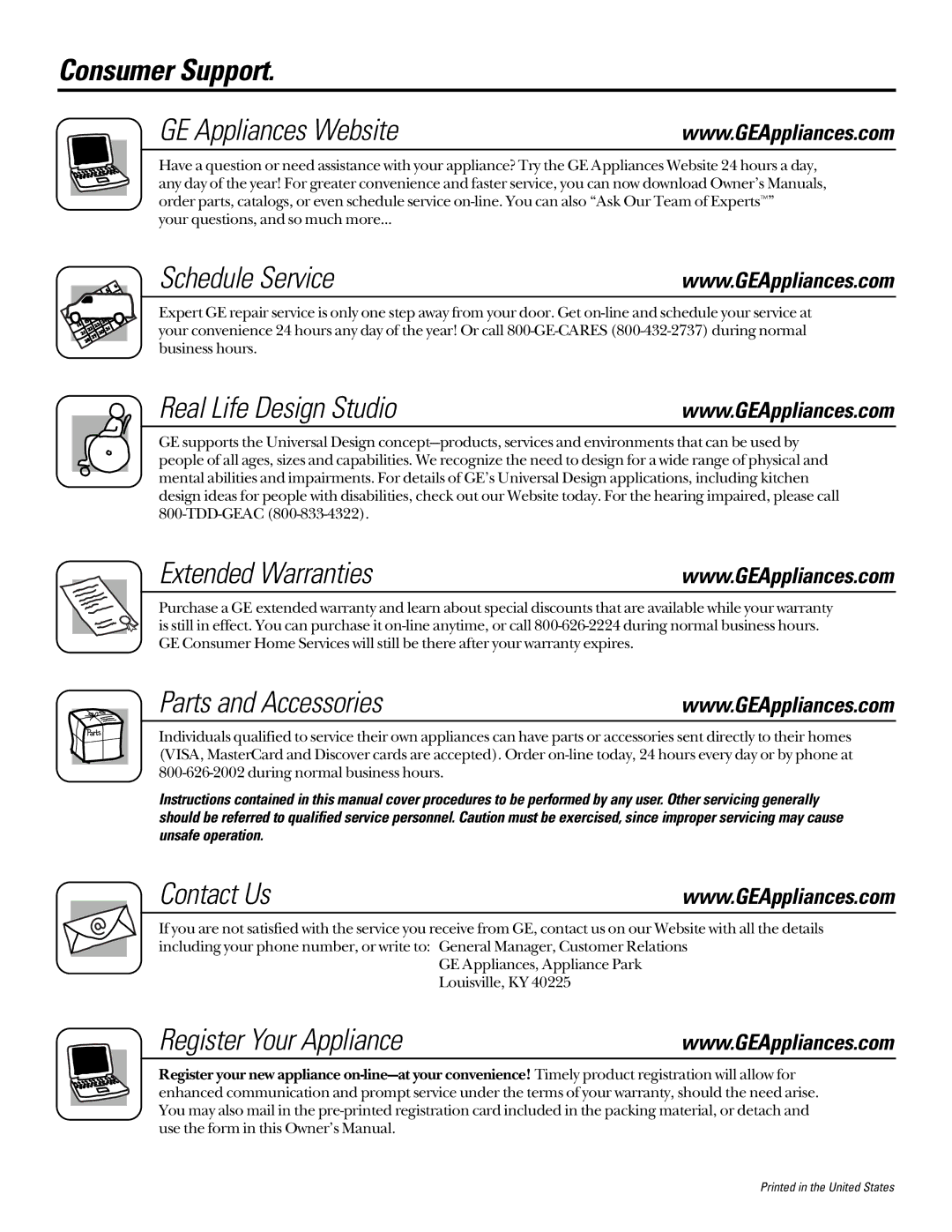 GE JVB67, JVB37 Consumer Support GE Appliances Website, Schedule Service, Real Life Design Studio, Extended Warranties 