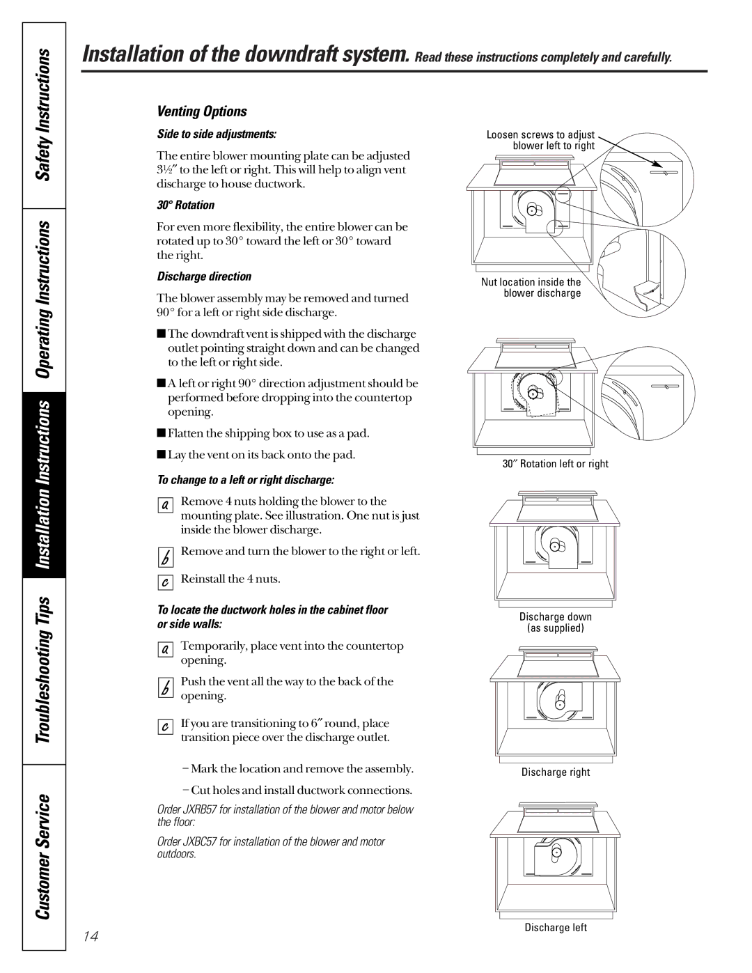 GE JVB67 Venting Options, Side to side adjustments, Rotation, Discharge direction, To change to a left or right discharge 