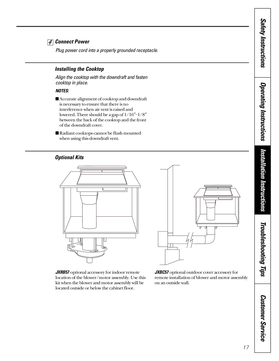 GE JVB37, JVB67 owner manual Connect Power, Installing the Cooktop, Optional Kits 