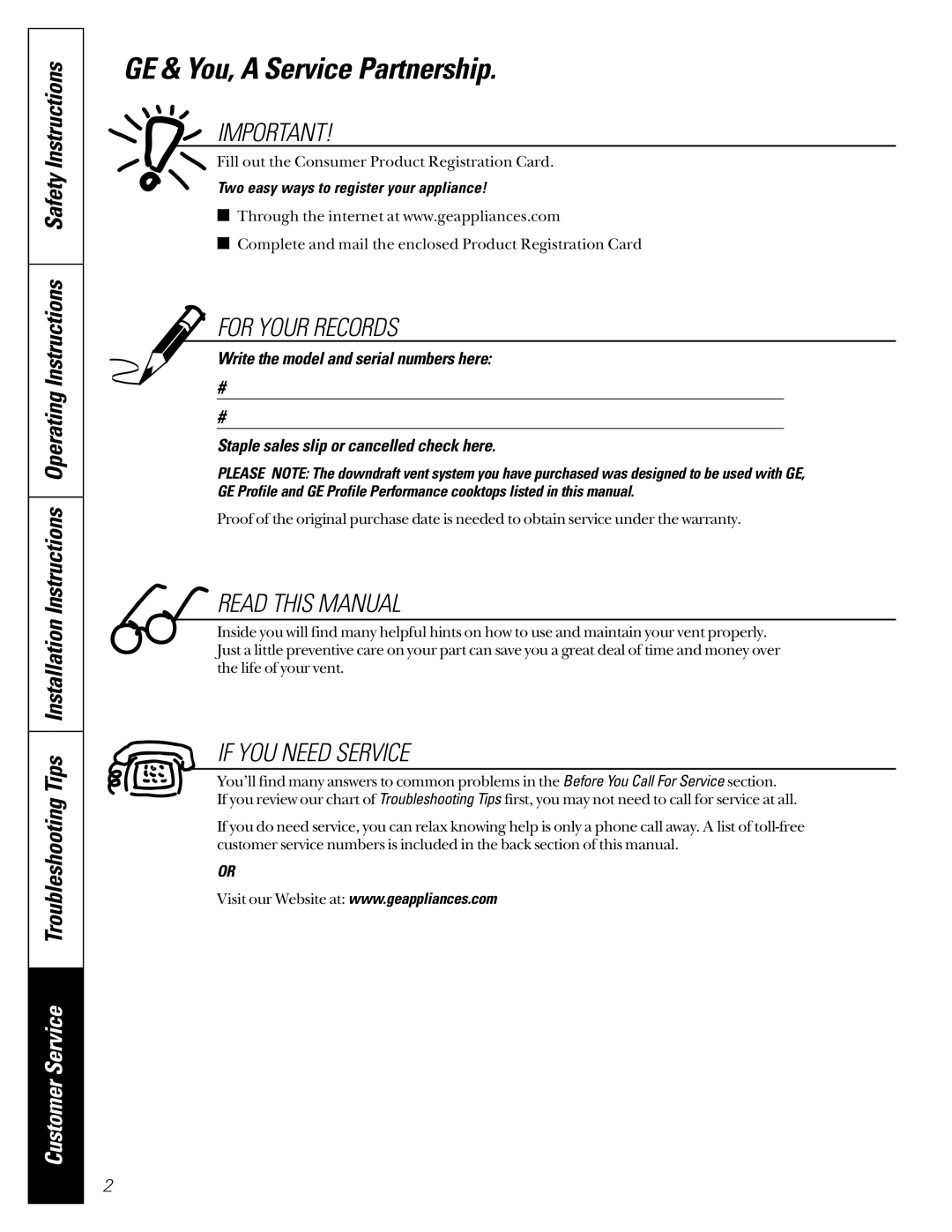 GE JVB67, JVB37 owner manual GE & You, a Service Partnership, Two easy ways to register your appliance 