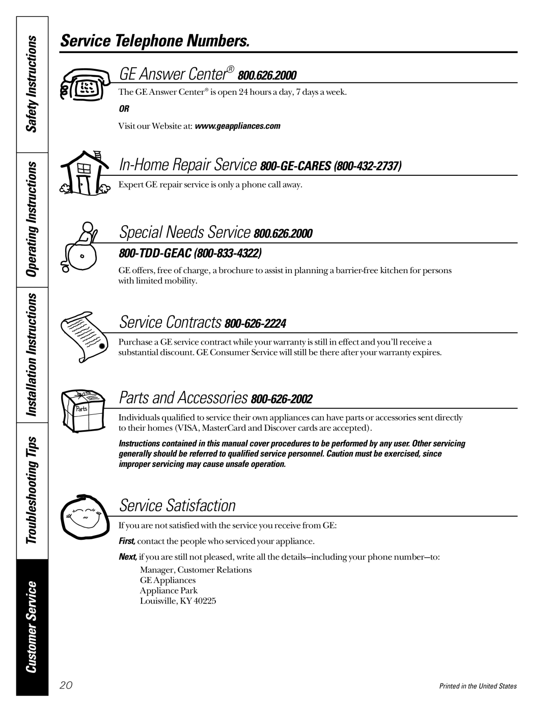 GE JVB67, JVB37 owner manual Service Telephone Numbers 