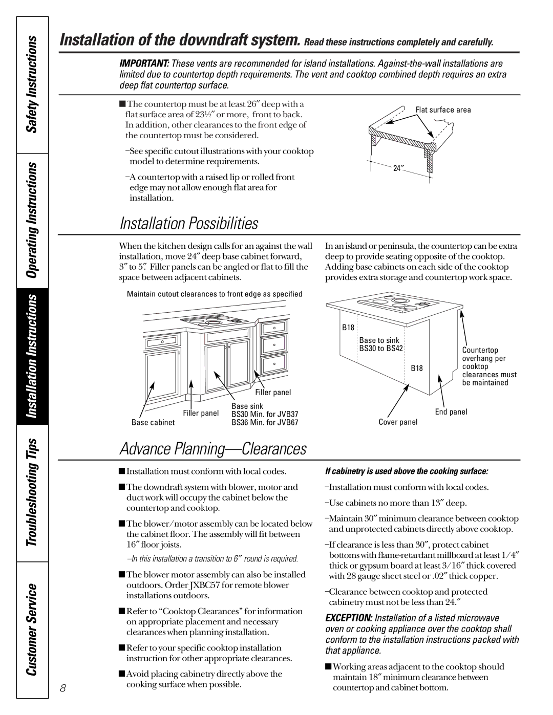 GE JVB67, JVB37 Installation Possibilities, Advance Planning-Clearances, If cabinetry is used above the cooking surface 