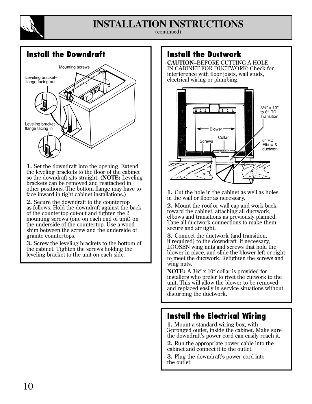 GE JVB93 warranty Install the Downdraft, Install the Ductwork, Install the Electrical Wiring 