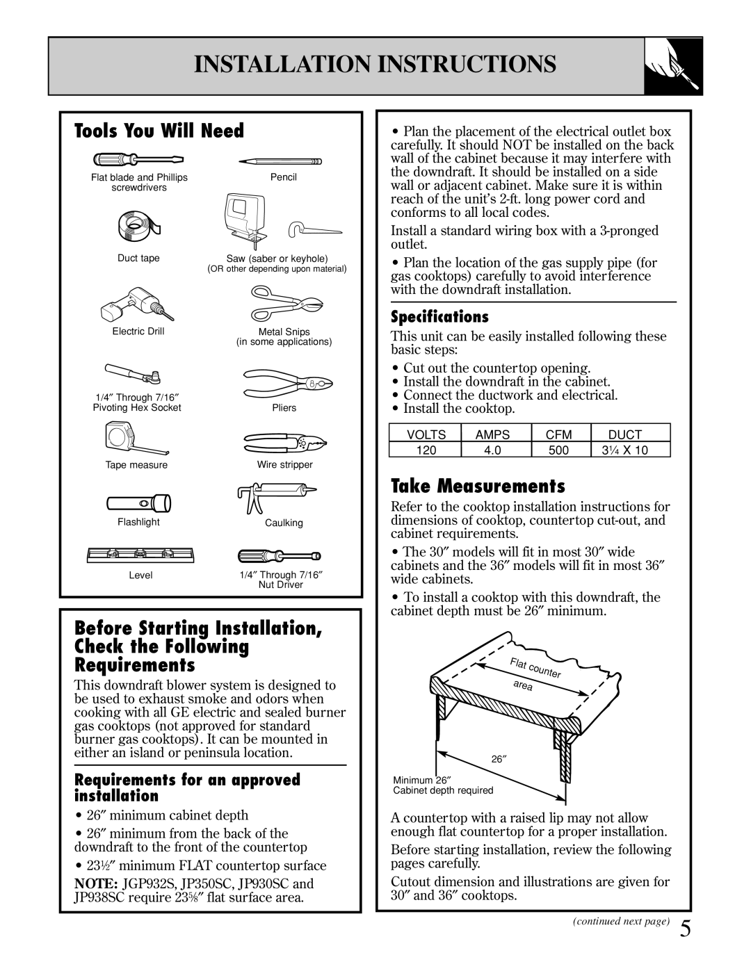 GE JVB93 Installation Instructions, Tools You Will Need, Take Measurements, Requirements for an approved installation 