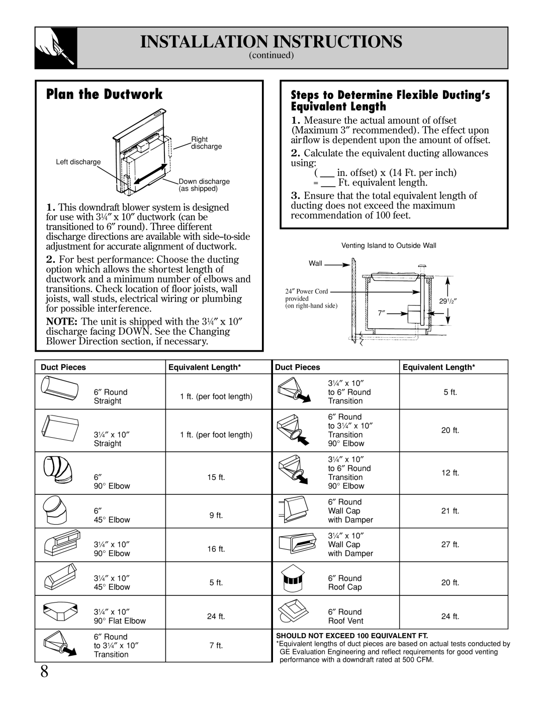 GE JVB93 warranty Plan the Ductwork, Steps to Determine Flexible Ducting’s Equivalent Length 