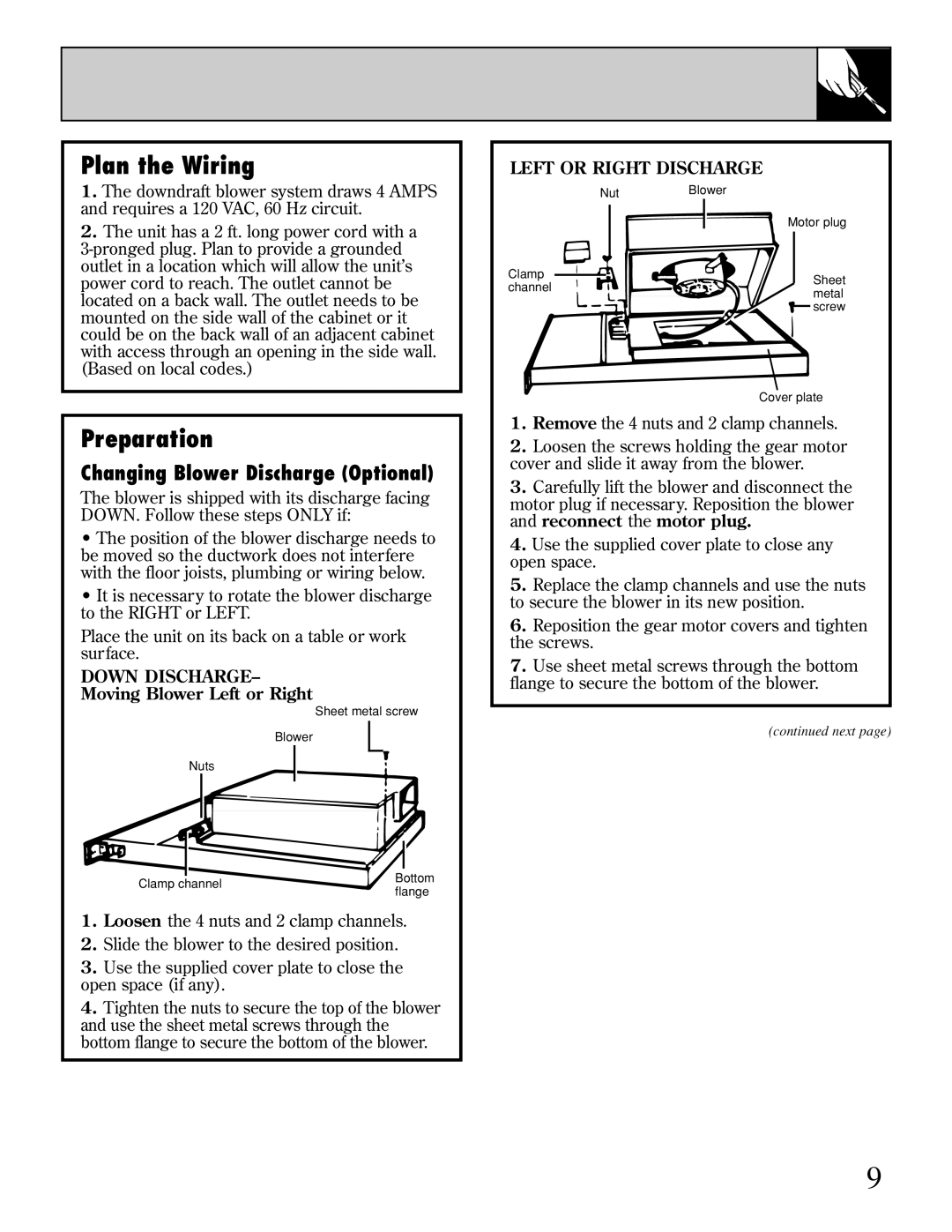 GE JVB93 warranty Plan the Wiring, Preparation, Changing Blower Discharge Optional, Down Discharge, Left or Right Discharge 