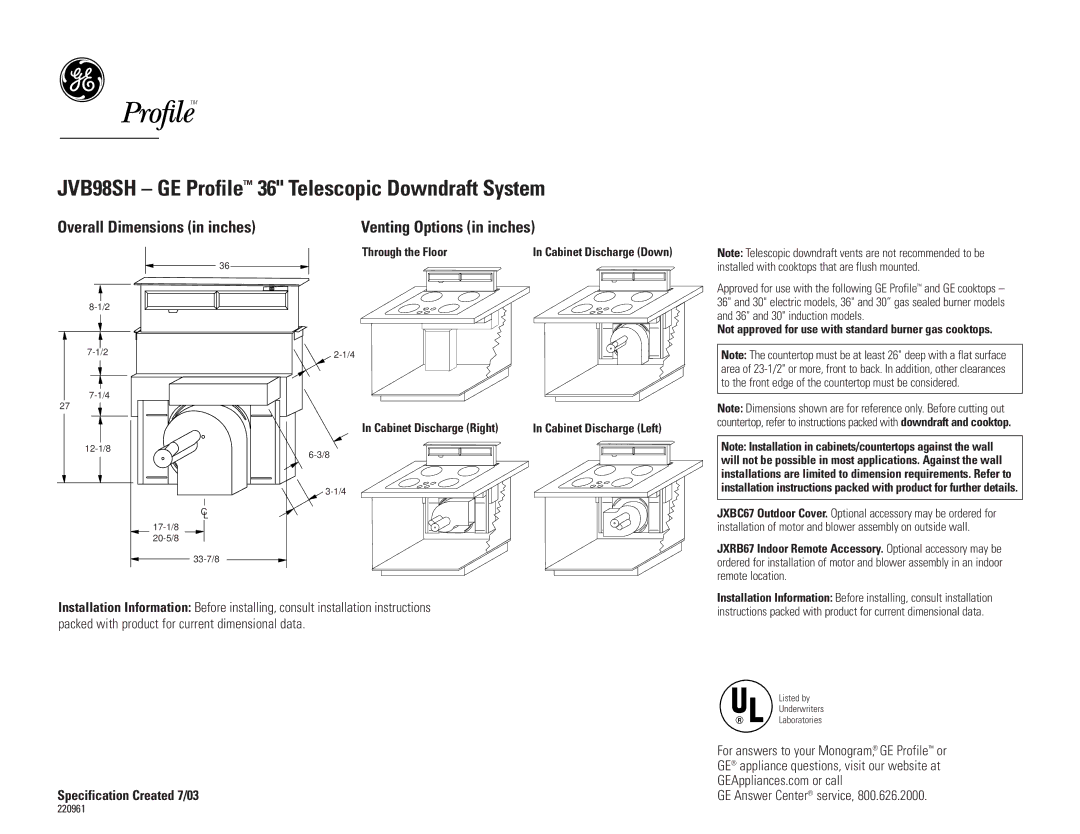 GE JVB98SH dimensions Overall Dimensions in inches, Venting Options in inches, Specification Created 7/03 