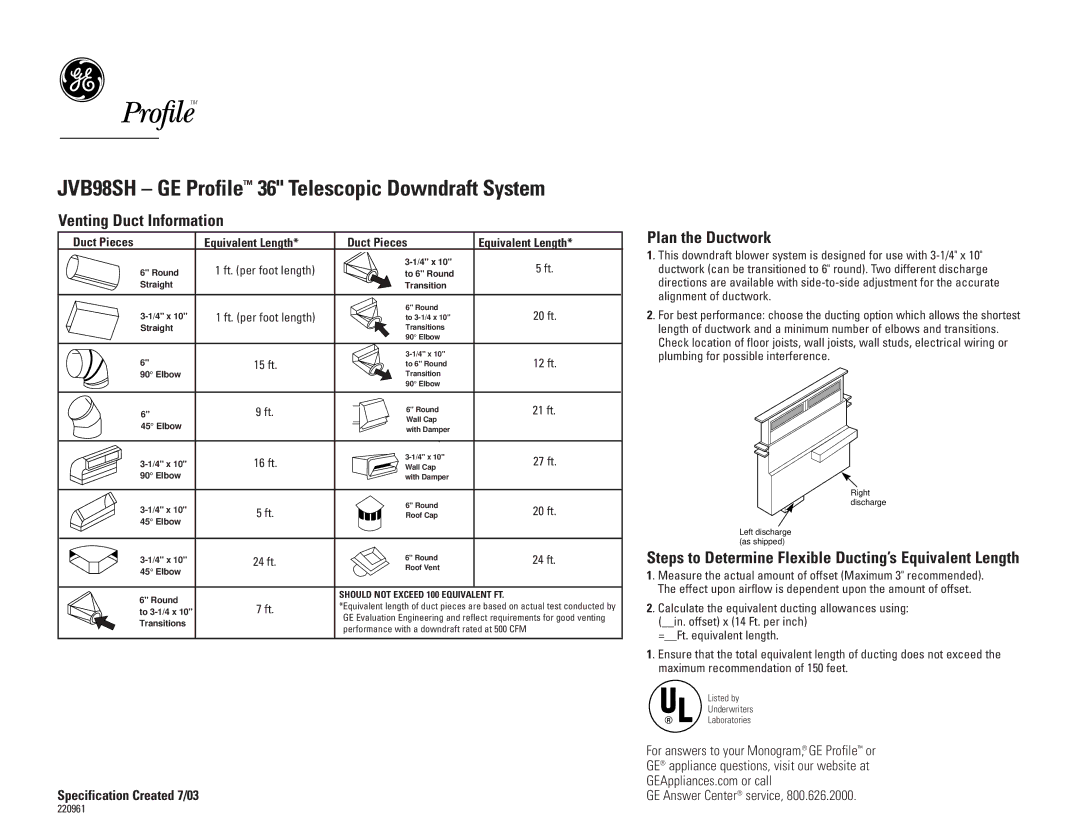 GE JVB98SH dimensions Venting Duct Information, Plan the Ductwork, Duct Pieces Equivalent Length 