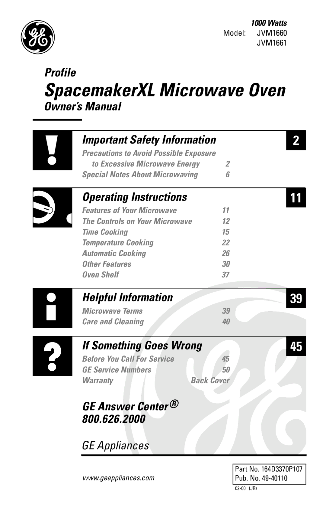 GE JVM 1661, JVM 1660 manual SpacemakerXL Microwave Oven 