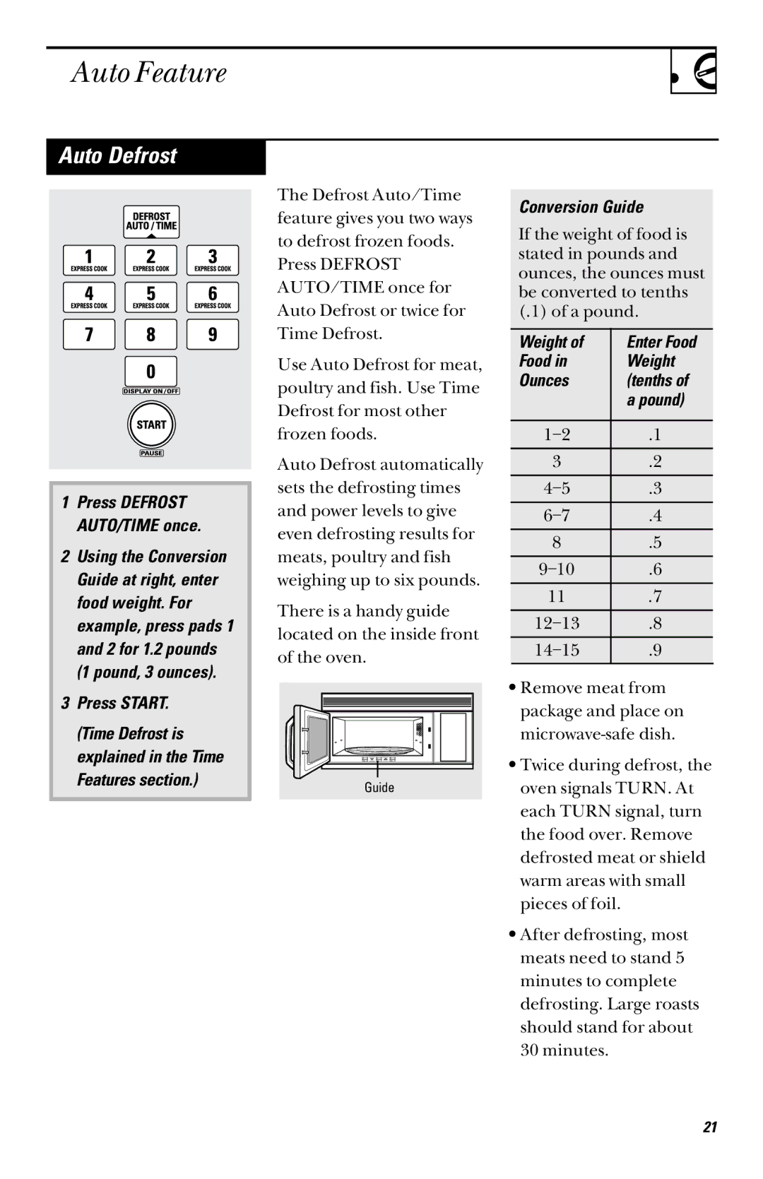 GE JVM 1661, JVM 1660 manual Auto Feature, Auto Defrost, Conversion Guide, Food Weight Ounces Tenths Pound 