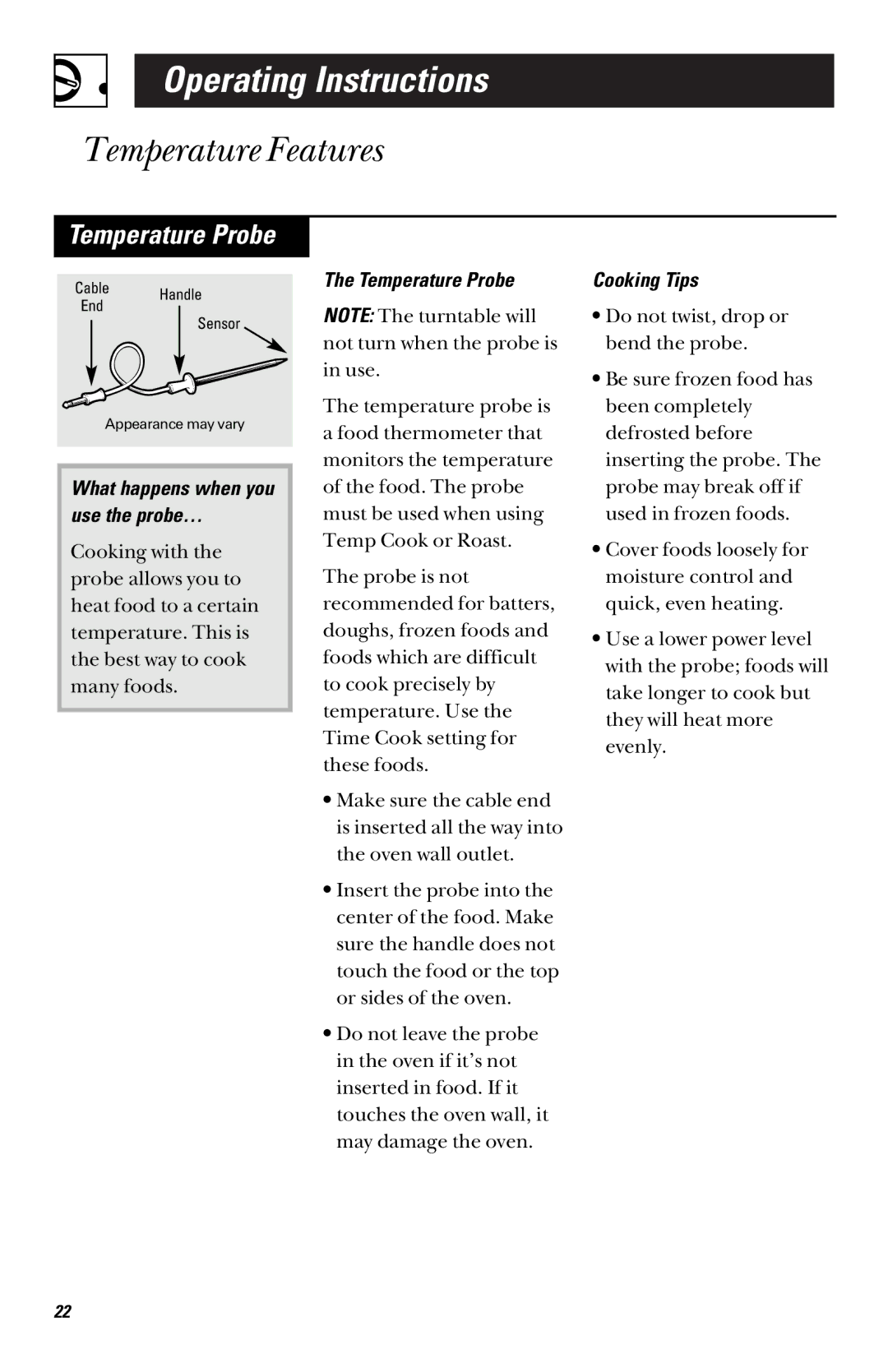 GE JVM 1660, JVM 1661 manual Temperature Features, Temperature Probe, What happens when you use the probe…, Cooking Tips 