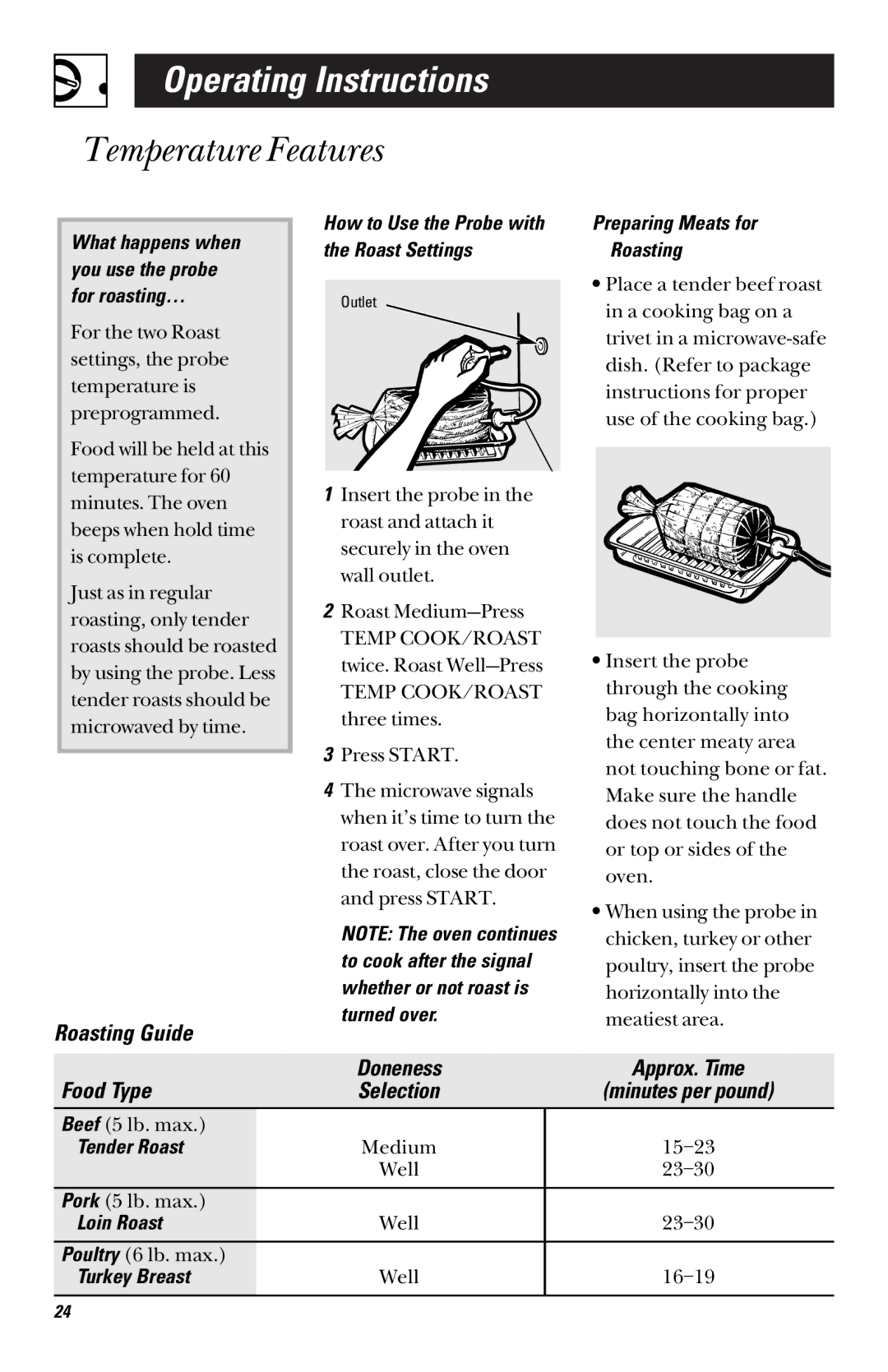 GE JVM 1660, JVM 1661 How to Use the Probe with the Roast Settings, Preparing Meats for Roasting, Tender Roast, Loin Roast 