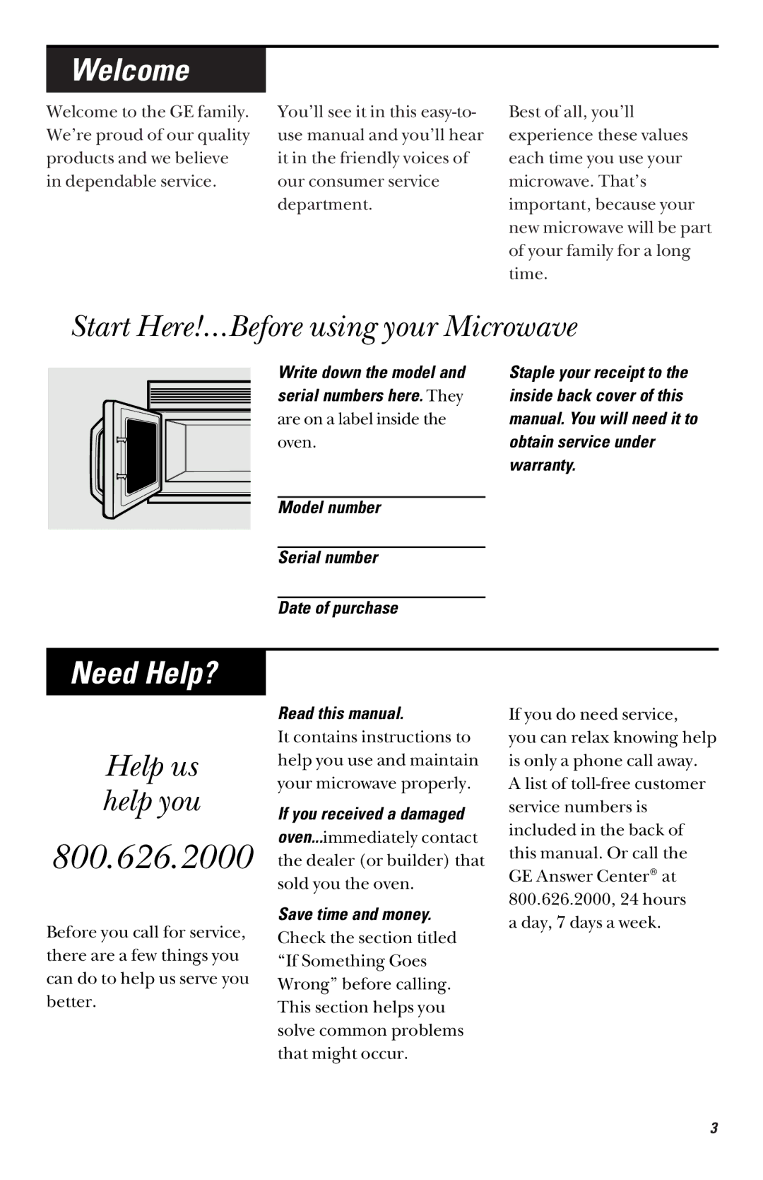 GE JVM 1661, JVM 1660 manual Start Here!…Before using your Microwave, Help us help you 