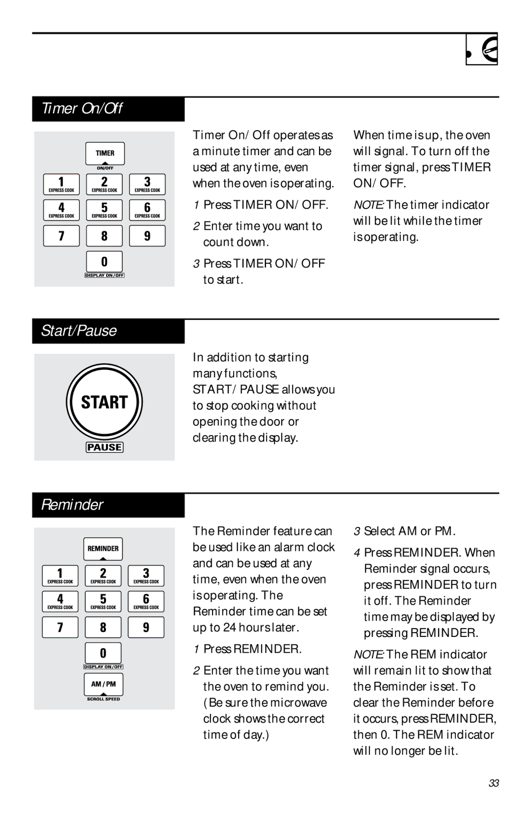 GE JVM 1661, JVM 1660 manual Timer On/Off, Start/Pause 