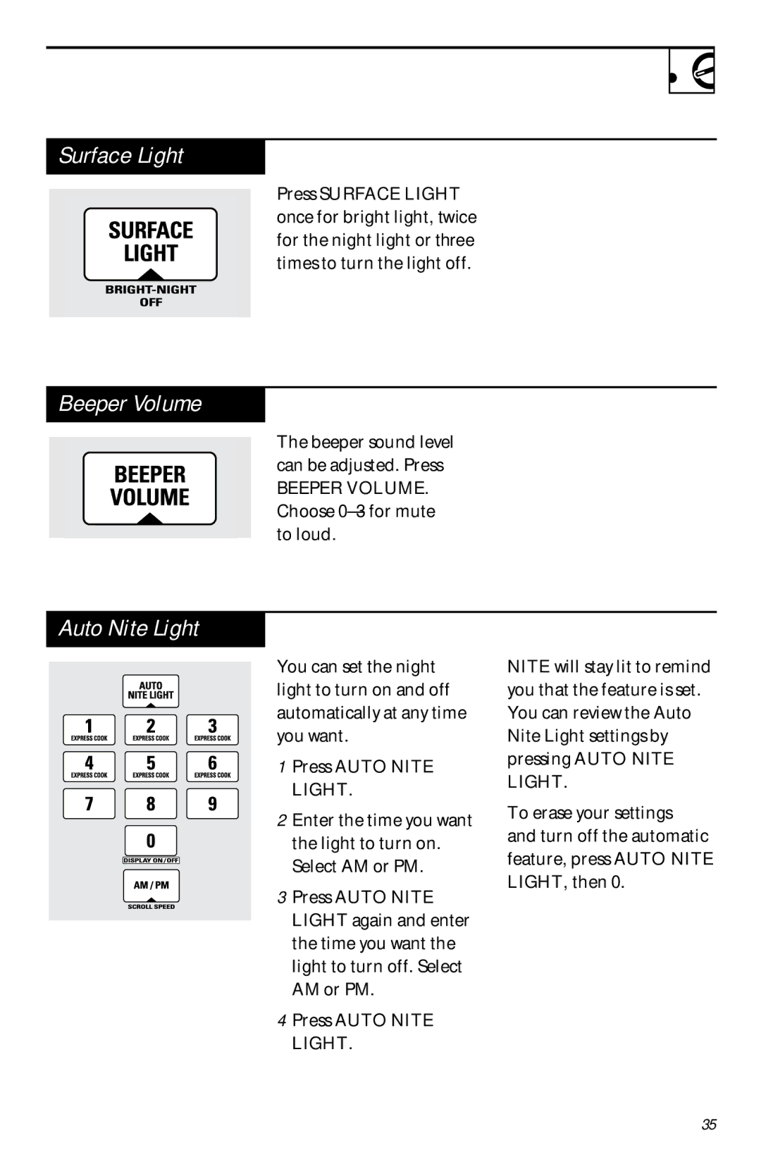 GE JVM 1661, JVM 1660 manual Surface Light, Beeper Volume, Auto Nite Light 